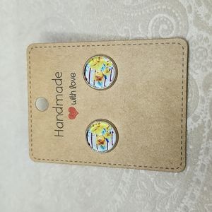 HANDMADE! Floral yellow w black white  stripes earrings 12mm studs. NWT!